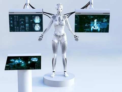 3D rendering of female robot connected to screens. Stock Illustration