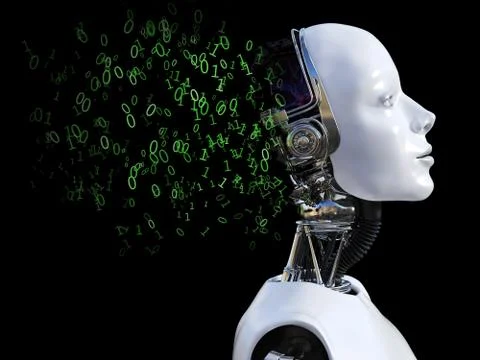 3D rendering of female robot head that shatters with zeros and ones. Stock Illustration