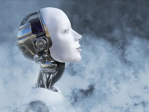 3D rendering of female robot head surrounded by smoke. Stock Illustration