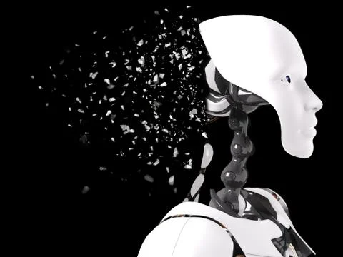 3D rendering of female robot head that shatters. Stock Illustration