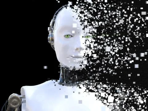 3D rendering of female robot head that shatters. Stock Illustration