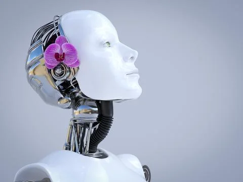 3D rendering of female robot head with orchid. Stock Illustration