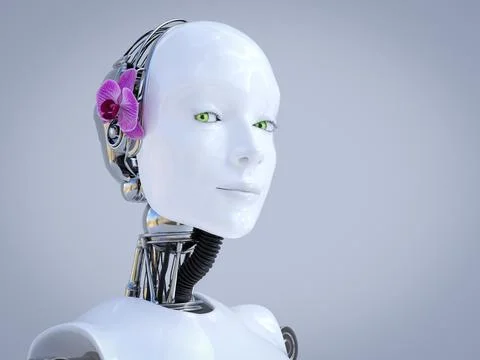 3D rendering of female robot head with orchid. Stock Illustration