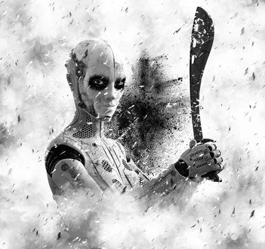 3D rendering of female robot hero holding machete. Stock-Illustration