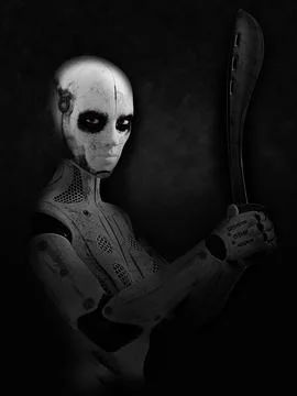 3D rendering of female robot hero holding machete. Stock Illustration