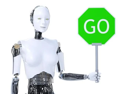 3D rendering of female robot holding go sign. Stock Illustration
