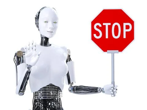 3D rendering of female robot holding stop sign. Stock Illustration