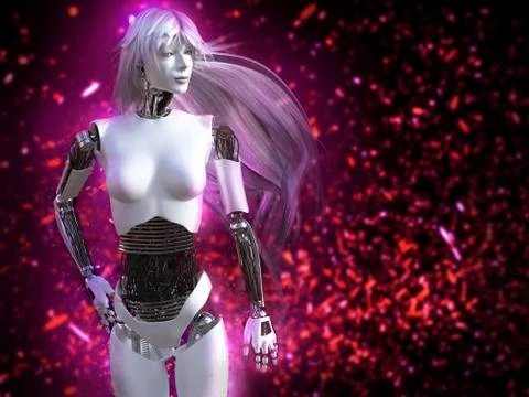 3D rendering of female robot with long hair and bokeh light effect. Stock Illustration