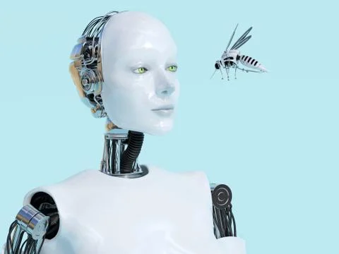 3D rendering of female robot looking at robotic mosquito. Stock Illustration