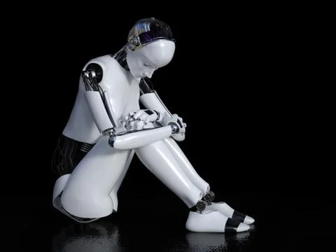 3D rendering of female robot looking sad. Stock Illustration