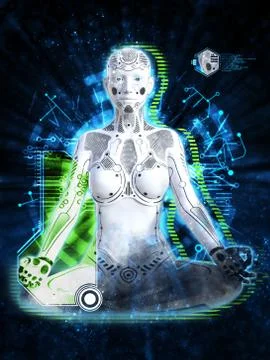 3D rendering of female robot meditating, technology concept. Stock Illustration