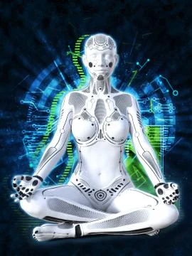 3D rendering of female robot meditating, technology concept. Stock Illustration