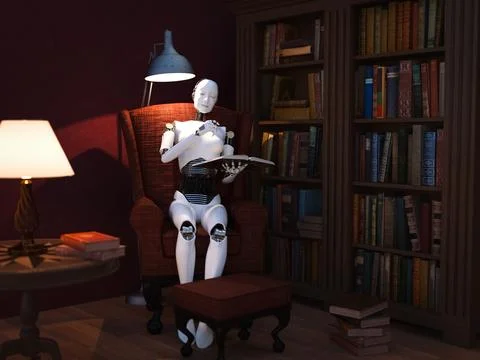 3D rendering of female robot reading book in armchair. Stock Illustration