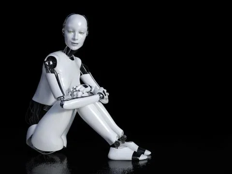 3D rendering of female robot sitting on the floor. Stock Illustration
