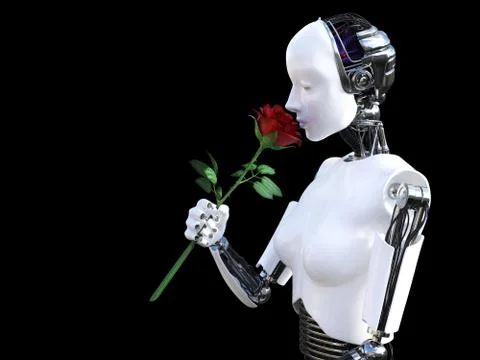 3D rendering of female robot smelling red rose. Stock Illustration