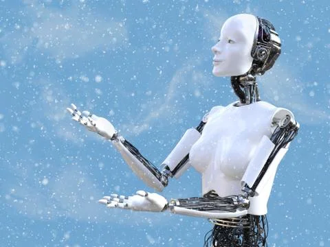 3D rendering of female robot in snow. Stock Illustration