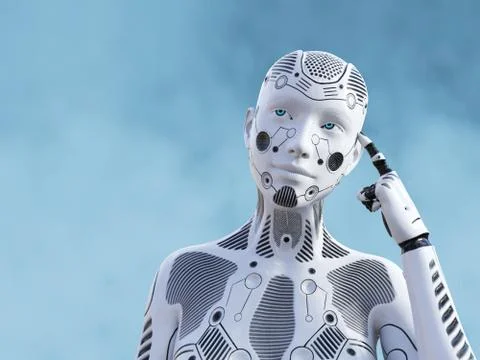 3D rendering of female robot thinking about something. Stock Illustration