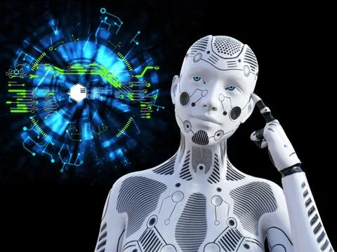 3D rendering of female robot thinking about something. Illustrazione stock