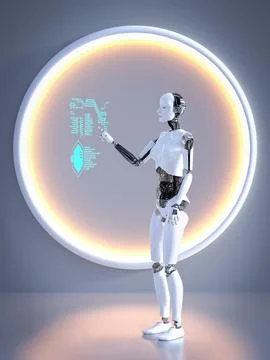 3D rendering of female robot using floating screen. Stock Illustration