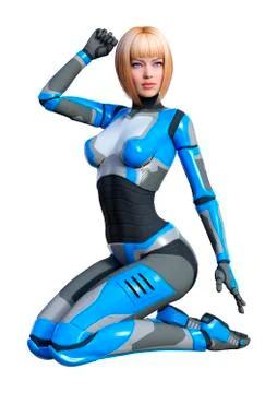 3D Rendering Female Robot on White 스톡 일러스트