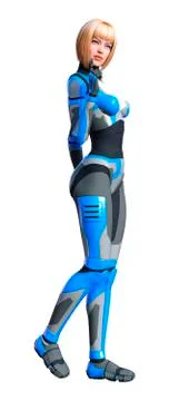 3D Rendering Female Robot on White Stock Illustration
