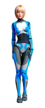 3D Rendering Female Robot on White Stock Illustration