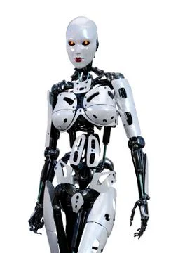 3D Rendering Female Robot on White Stock Illustration