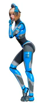 3D Rendering Female Robot on White Stock Illustration