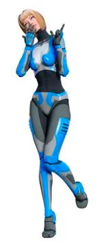 3D Rendering Female Robot on White Stock Illustration