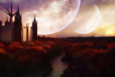 3D rendering of a field has building and red plants, planets in the sky Ilustración de archivo
