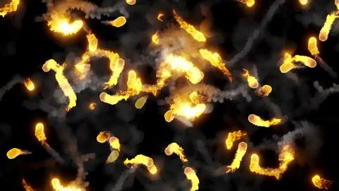 3D rendering of fireballs flying along a complex trajectory Stock Illustration
