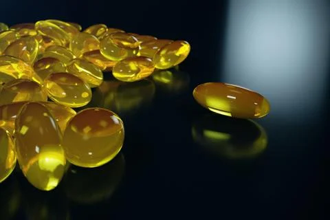 3D Rendering Fish Oil. Omega 3, omega 6, omega 9, vitamin D. Pile of capsules Stock Illustration