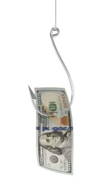 3d rendering of a fishing hook that caught a 100 USD bill on white background Stock Illustration