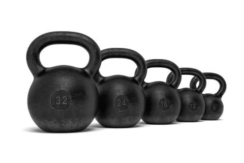 3d rendering of five black iron kettlebells in a single line with different Stock Illustration