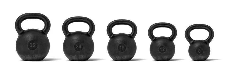 3d rendering of five black iron kettlebells in a single line with different Stock Illustration