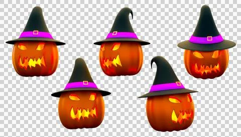3d rendering of five Halloween pumpkins wearing hats on transparent backgrou Stock Illustration