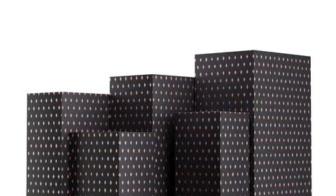 3D rendering of five patterned black podiums with varying heights isolated on a イラスト素材