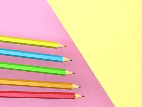 3d rendering five pencils on a pink and yellow background, back to school time 스톡 일러스트