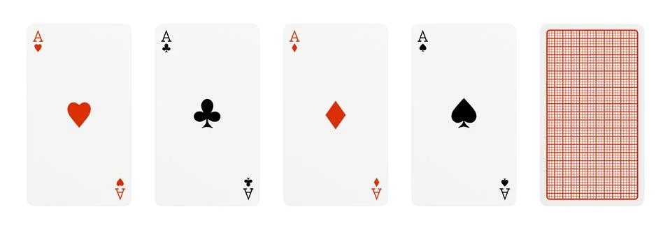 3d rendering of five playing cards, where four of them are different aces, and Stock Illustration