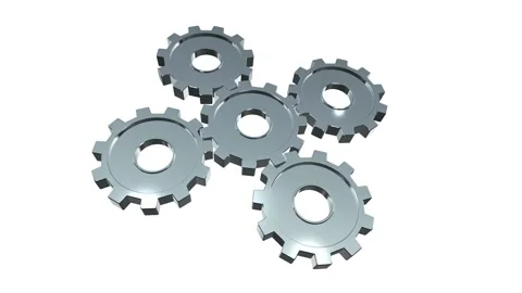 3D rendering of five silver rotating gear, wheels with cogs isolated on white Stock Footage 213506924