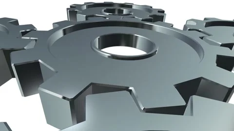 3D rendering of five silver rotating gear, wheels with cogs isolated on white Stock Footage 213507034
