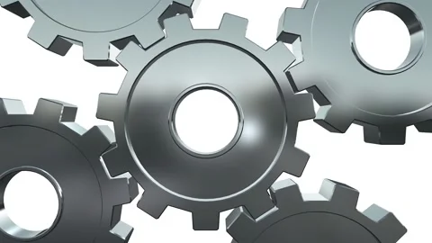 3D rendering of five silver rotating gear, wheels with cogs isolated on white Stock Footage 213507568
