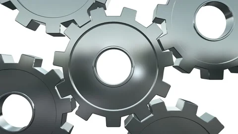 3D rendering of five silver rotating gear, wheels with cogs isolated on white Stock Footage 213507838