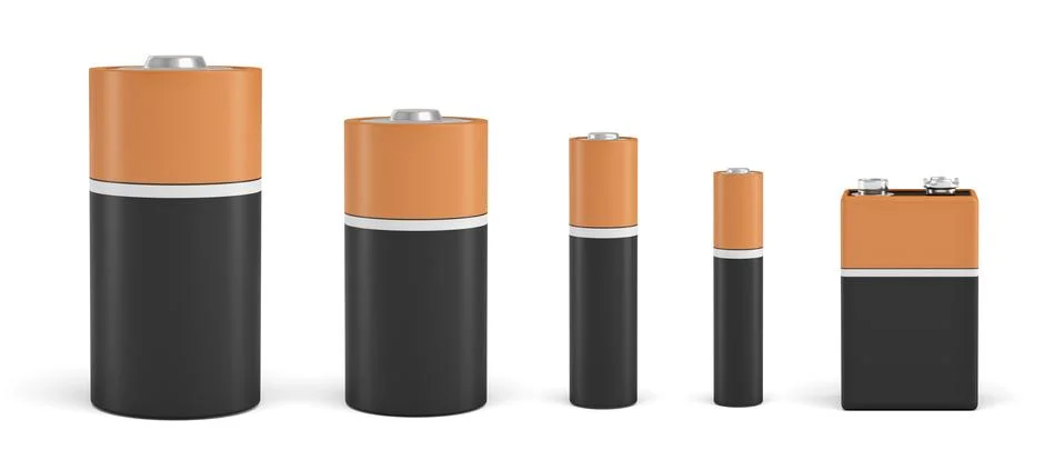 3d rendering of five standard compact batteries in black and orange color of Stock Illustration