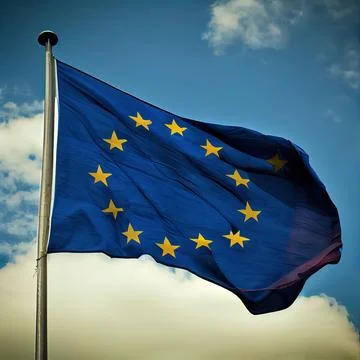3D rendering of the Flag of Europe on a background of cloudy blue sky Stock Illustration