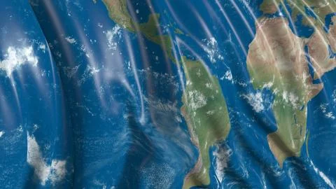 3d rendering of a flag with the texture of the planet Earth. The flag develop Foto stock