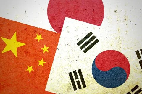 A 3d rendering of flags of China, South Korea, and Japan together as a vintag Stock Illustration