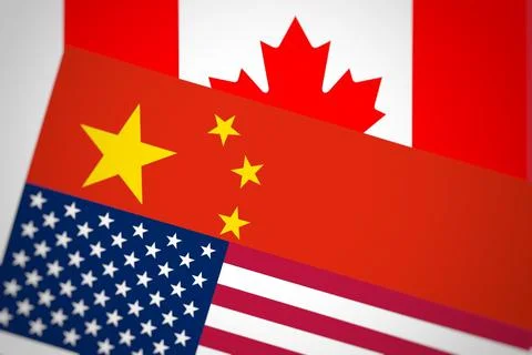 3d rendering of flags of the US, China, and Canda together Stock Illustration