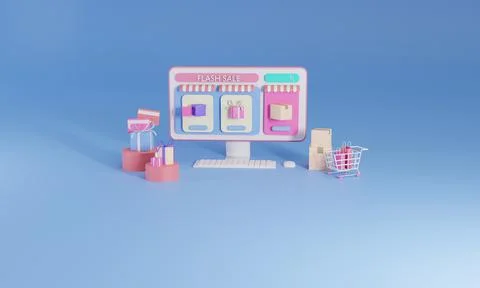 3D rendering flat illustration Online store on mobile application of computer Stock Illustration