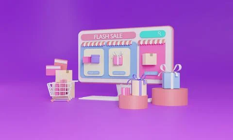 3D rendering flat illustration Online store on mobile application of computer Stock Illustration